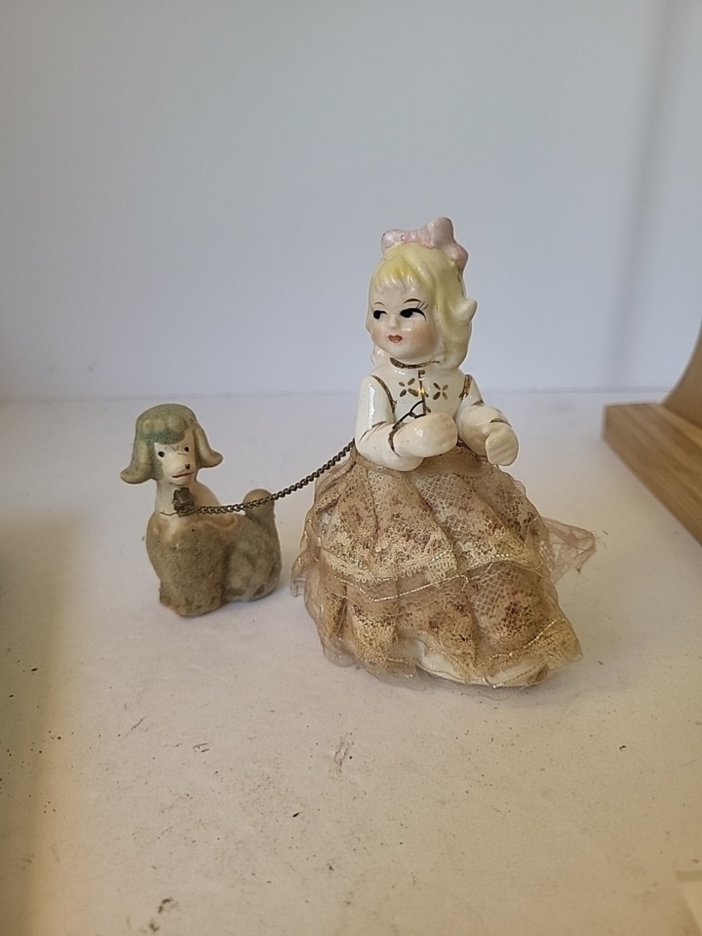 Vintage Porcelain Girl Figurine with Poodle on Chain Japan